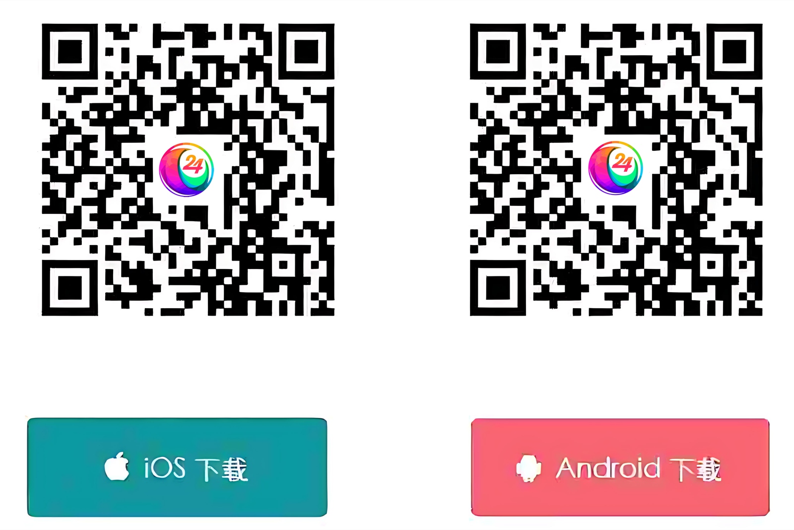 iOS and Android QR codes to download the 24Billiards app.