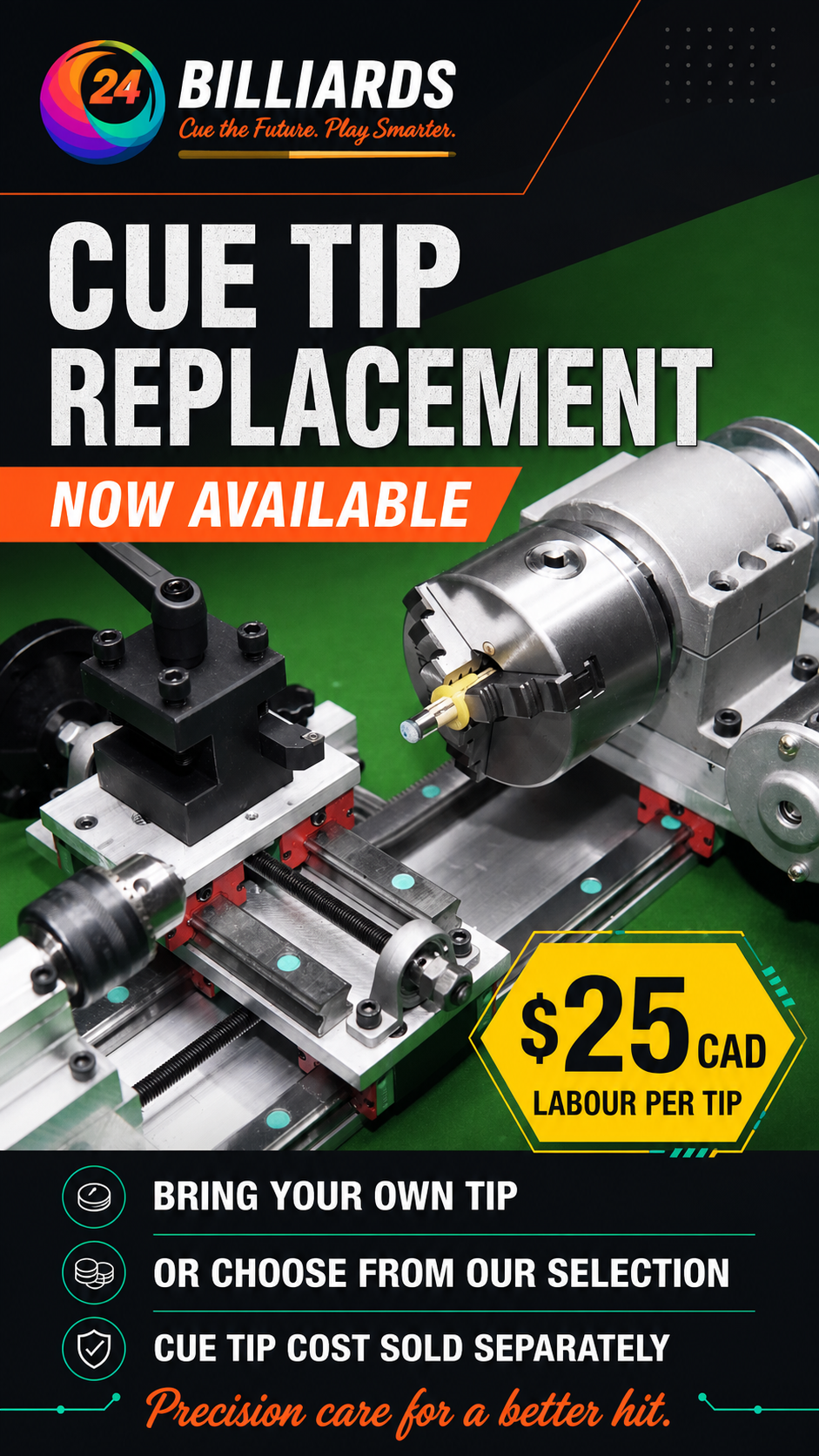 Cue tip replacement service poster from 24Billiards.