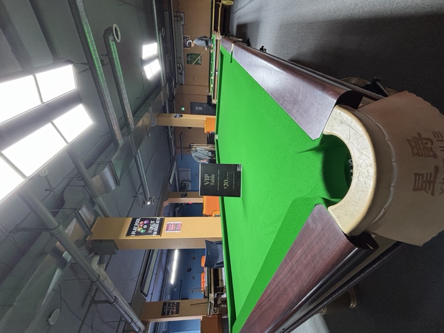 Angled view of a billiards table at 24Billiards.